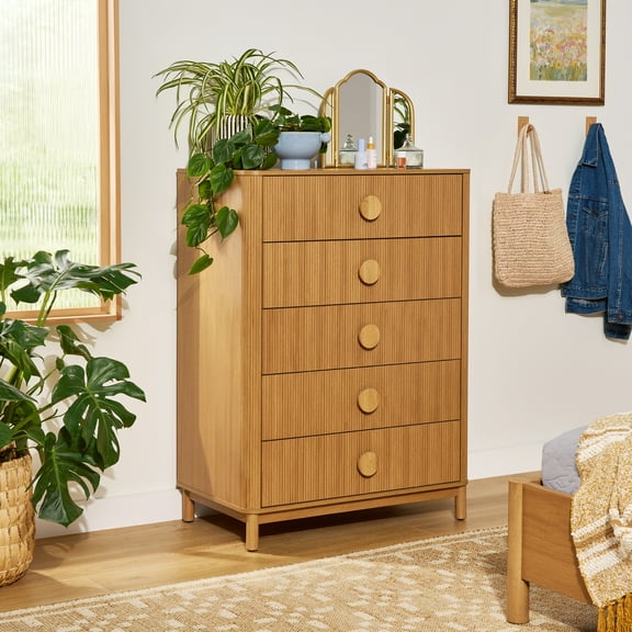 Beautiful Fluted 5-Drawer Dresser, Warm Honey Finish