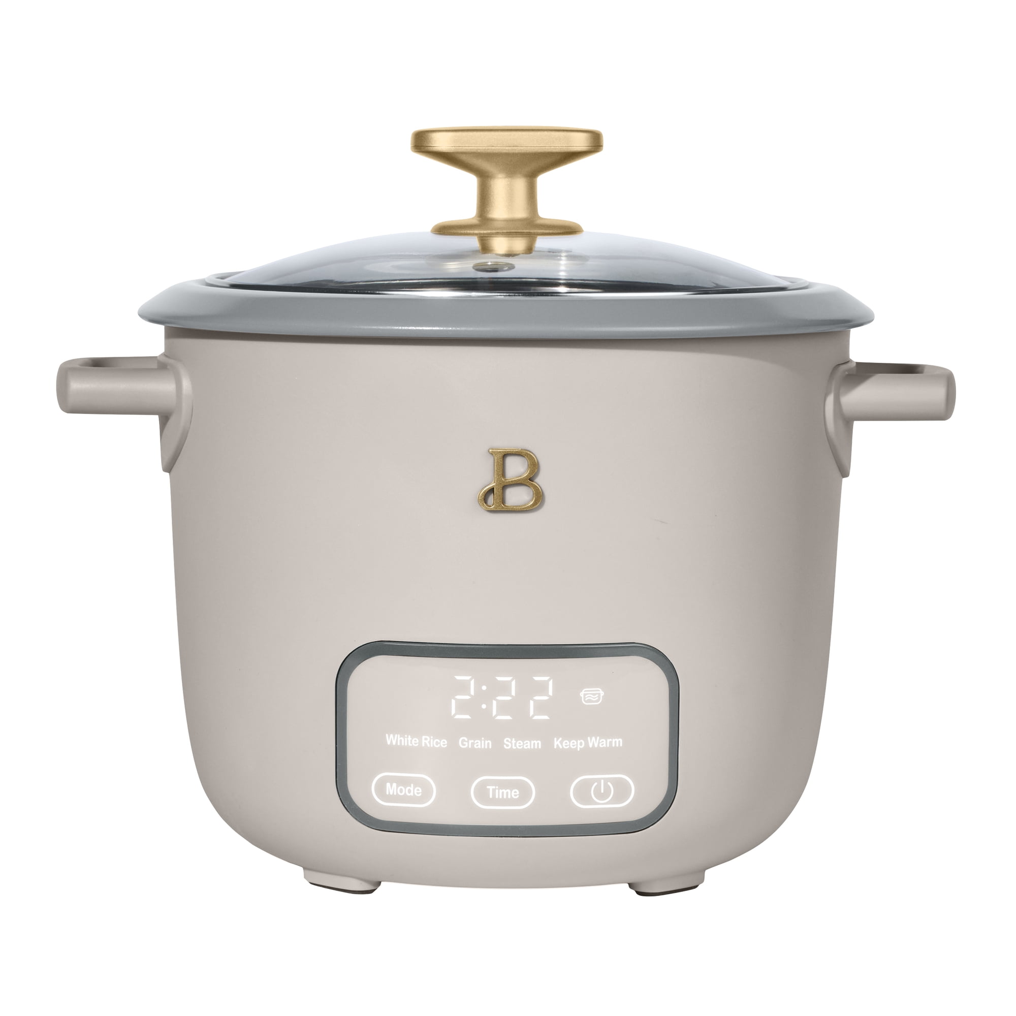 Beautiful 6-Cup Cooked, 3-Cup Uncooked Digital Electric Rice and Grain Cooker with Glass Lid, Porcini Taupe by Drew Barrymore