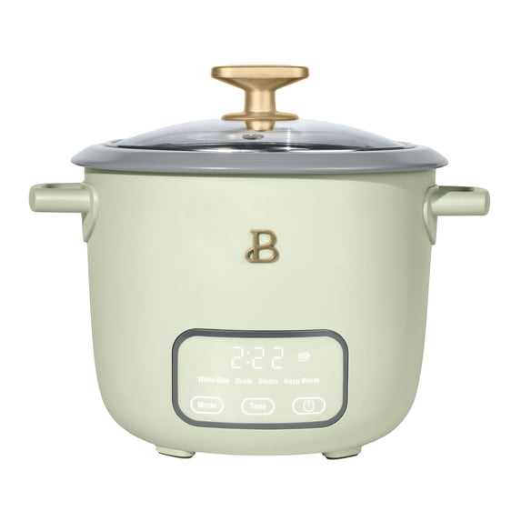 Beautiful 6-Cup Cooked, 3-Cup Uncooked Digital Electric Rice and Grain Cooker with Glass Lid, Sage Green by Drew Barrymore