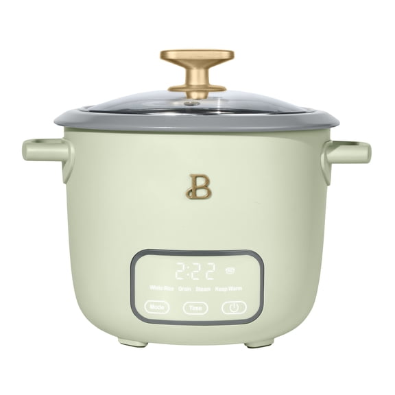 Beautiful 6-Cup Cooked, 3-Cup Uncooked Digital Electric Rice and Grain Cooker with Glass Lid, Sage Green by Drew Barrymore