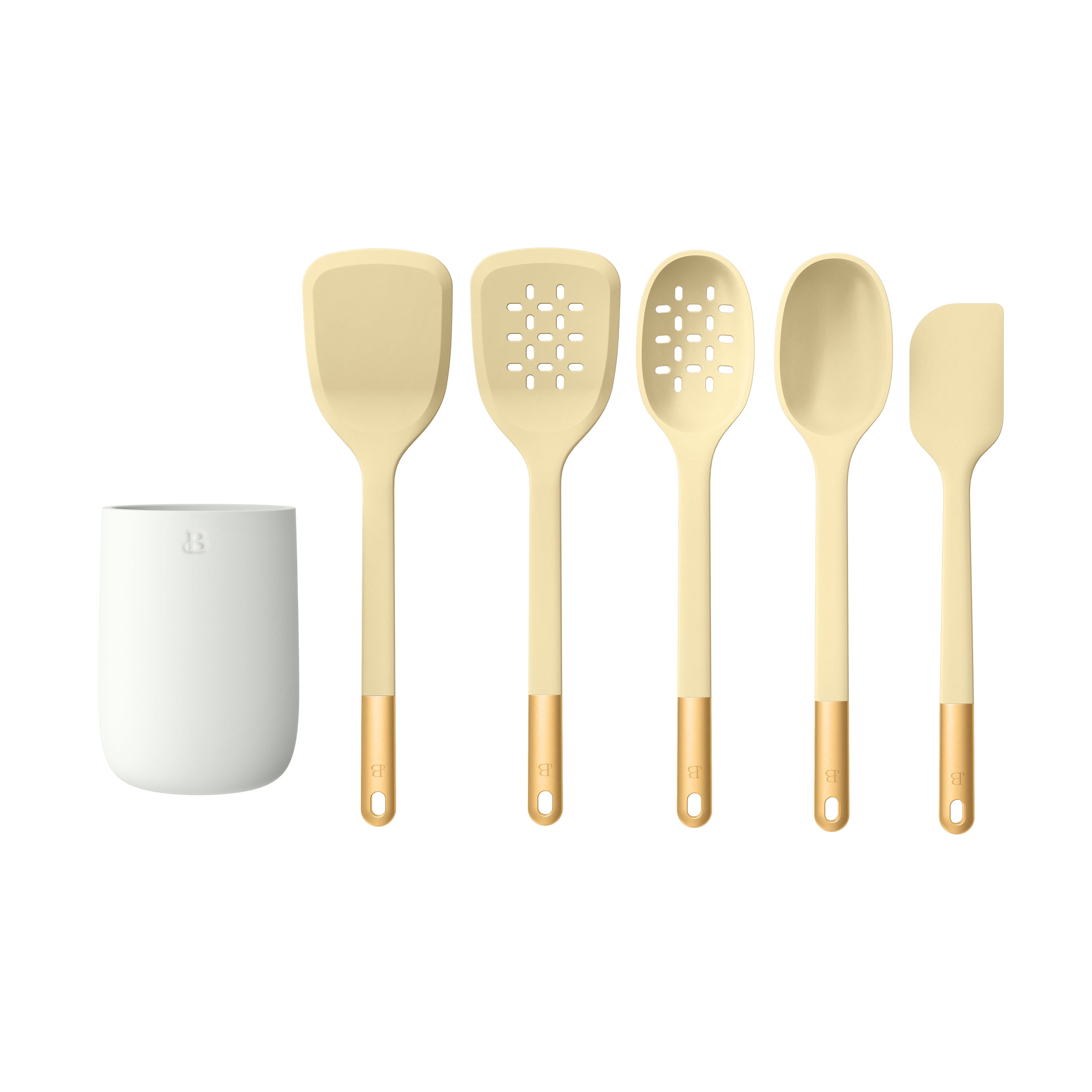Beautiful 6-Piece Silicone Kitchen Tool Set with Ceramic Crock. Buttercream by Drew Barrymore