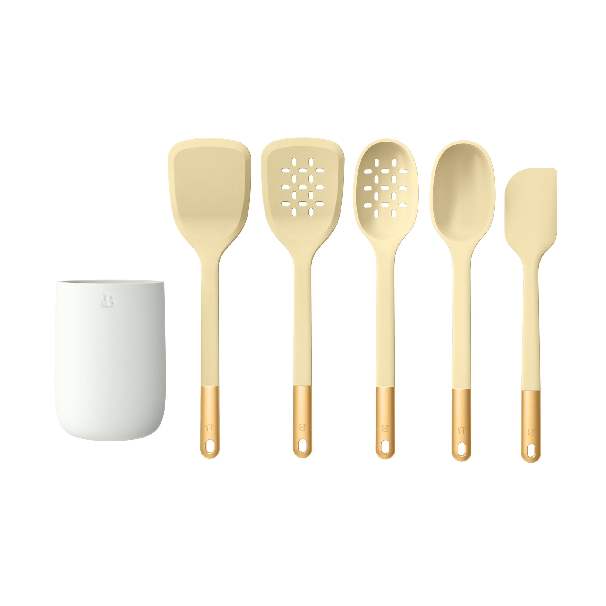 Beautiful 6-Piece Silicone Kitchen Tool Set with Ceramic Crock. Buttercream by Drew Barrymore
