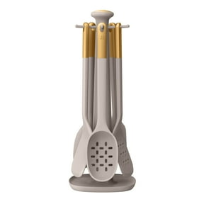 Beautiful 6-Piece Silicone Kitchen Utensil Tool Set with Rotating Rack by Drew Barrymore, Porcini Taupe