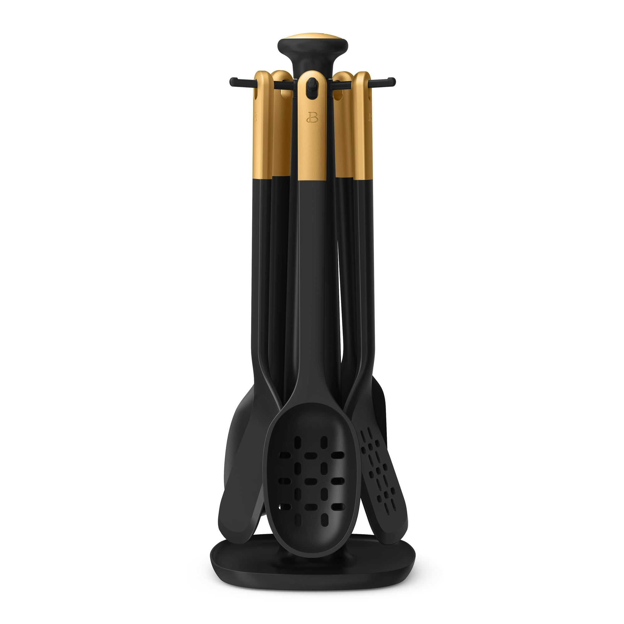 Beautiful 6-Piece Silicone Kitchen Utensil Tool Set with Rotating Rack, Black Sesame by Drew Barrymore