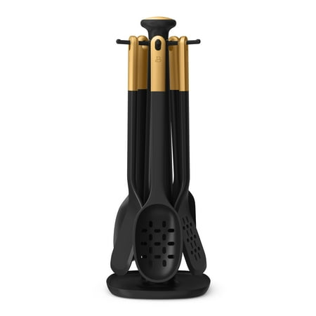 Beautiful 6-Piece Silicone Kitchen Utensil Tool Set with Rotating Rack, Black Sesame by Drew Barrymore