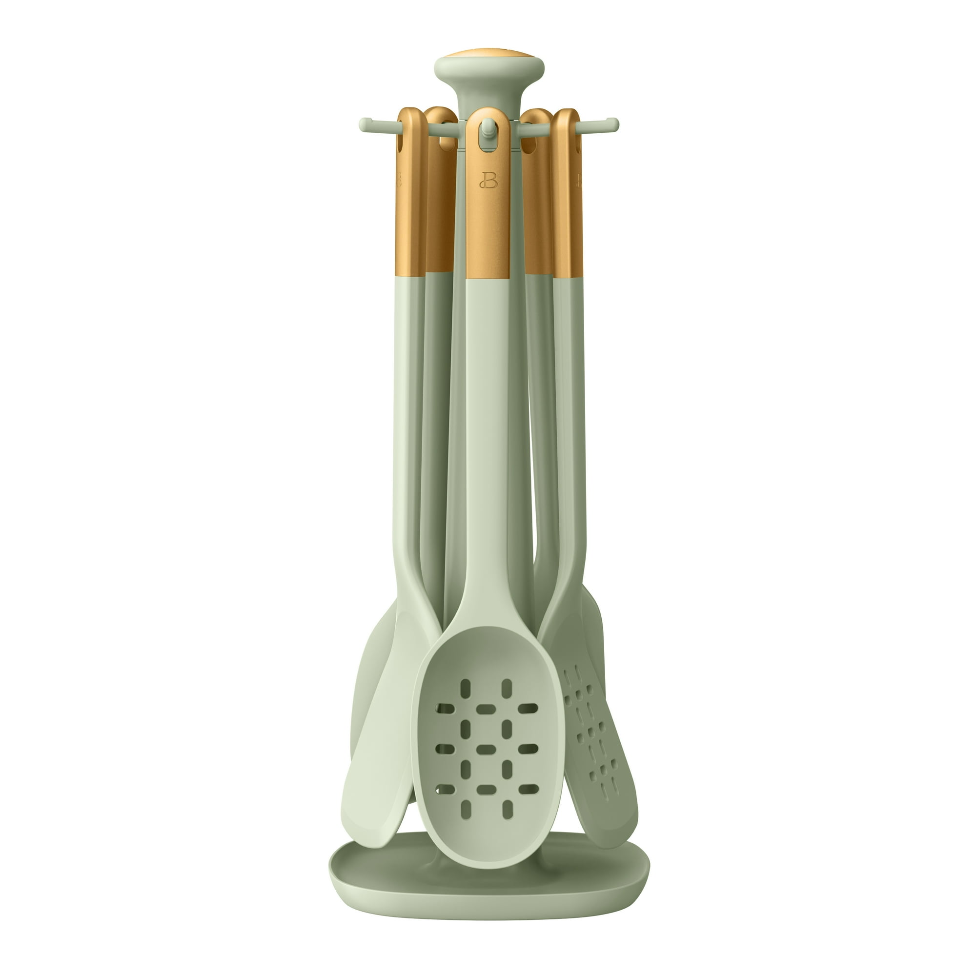 Beautiful 6-Piece Silicone Kitchen Utensil Tool Set with Rotating Rack, Sage Green by Drew Barrymore