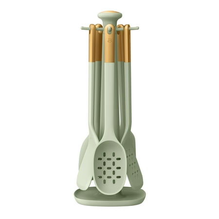 Beautiful 6-Piece Silicone Kitchen Utensil Tool Set with Rotating Rack, Sage Green by Drew Barrymore