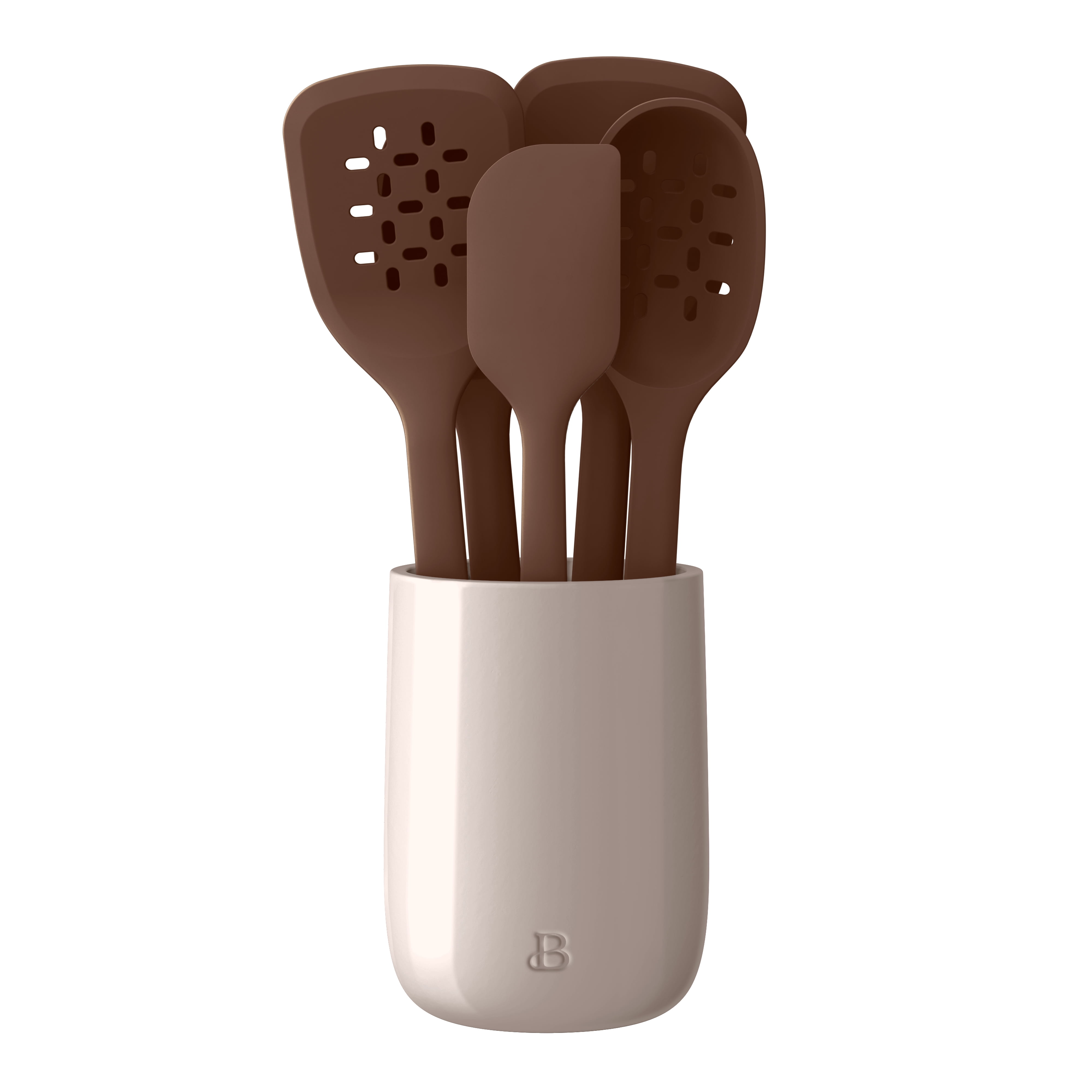 Beautiful 6-Piece Silicone Kitchen Tool Set with Ceramic Crock, Chocolate by Drew Barrymore
