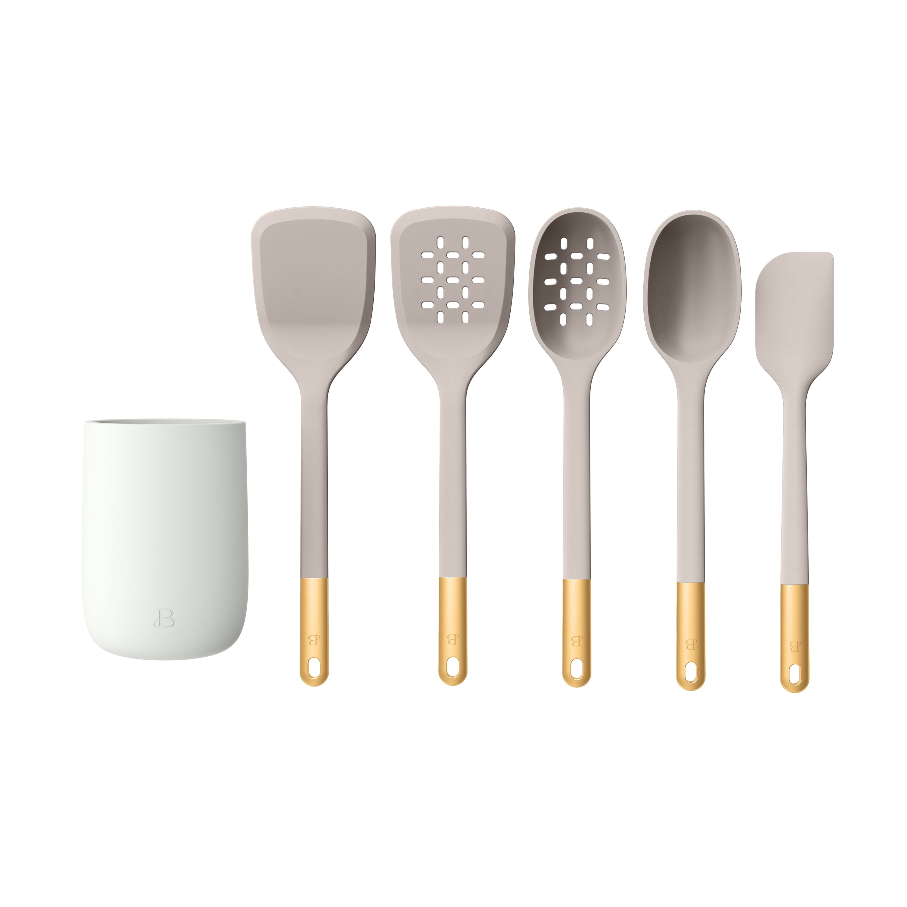 6-Piece Silicone Tool Set with Ceramic Crock, Porcini Taupe by Drew Barrymore