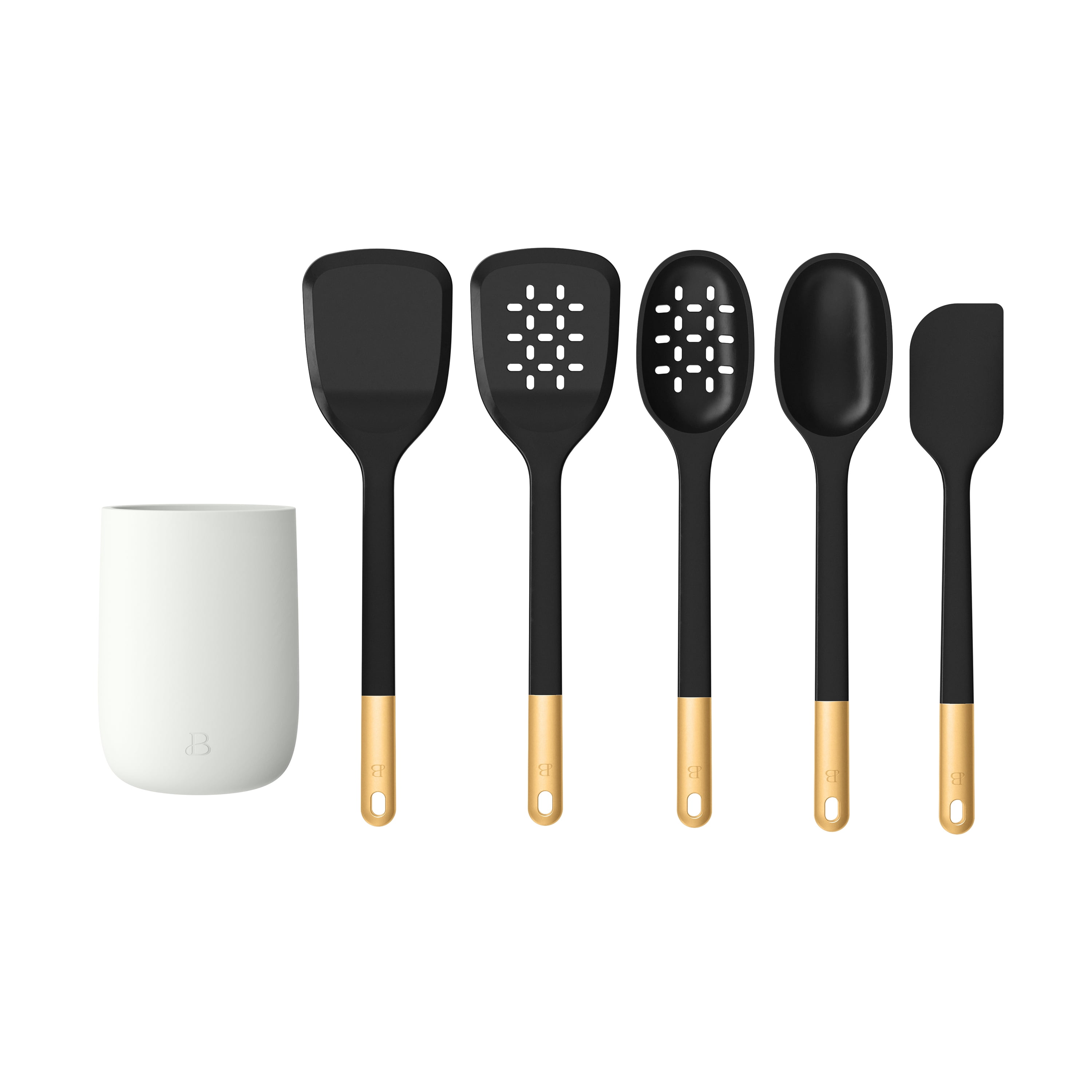 Beautiful 6-Piece Silicone Tool Set with Ceramic Crock, Black Sesame by Drew Barrymore