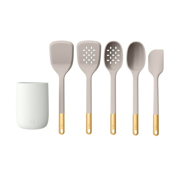 Beautiful 6-Piece Silicone Tool Set with Ceramic Crock, Porcini Taupe by Drew Barrymore