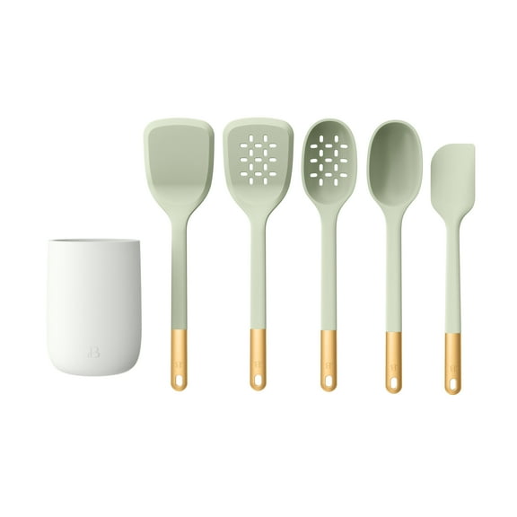 Beautiful 6-Piece Silicone Tool Set with Ceramic Crock, Sage Green by Drew Barrymore
