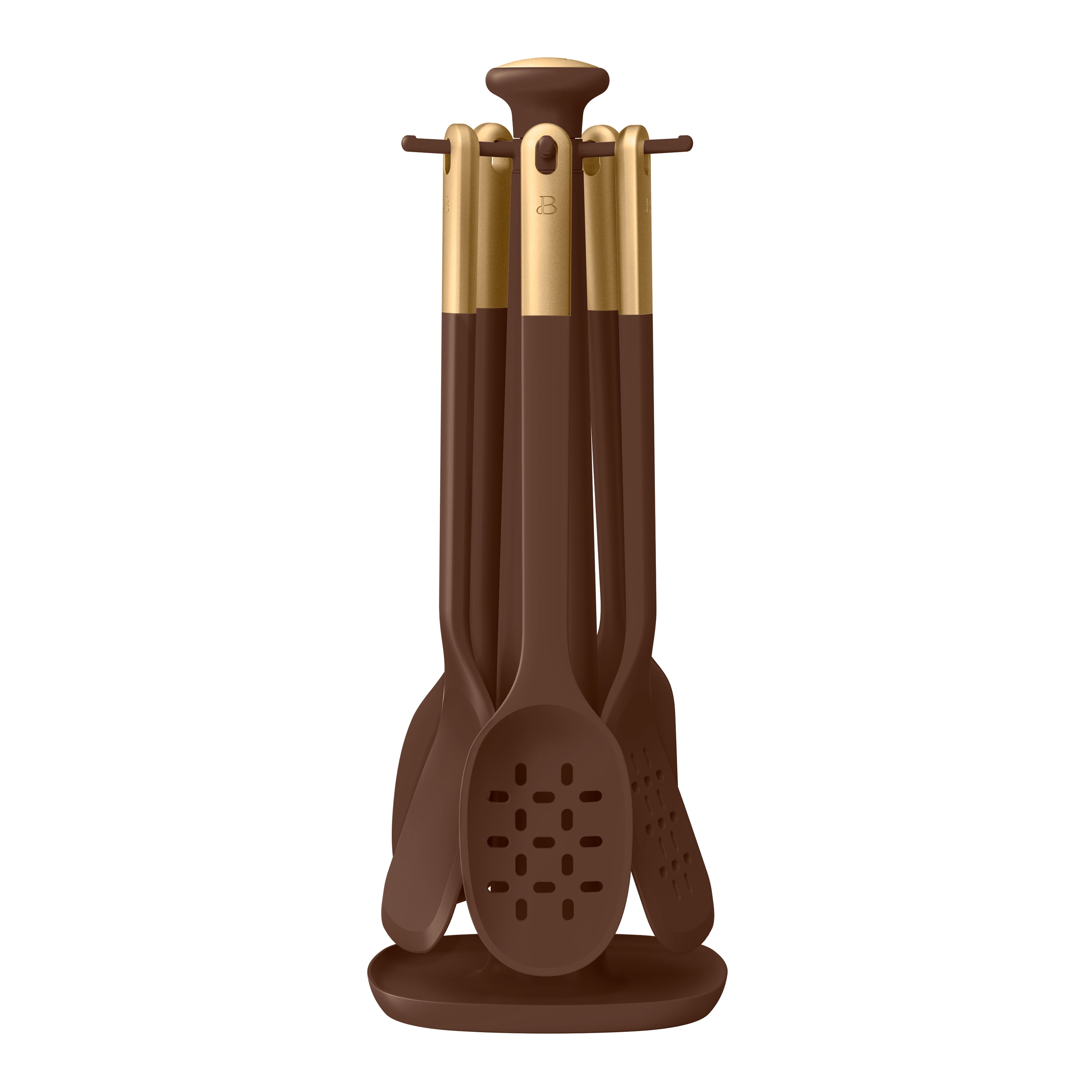 Beautiful 6-Piece Silicone Kitchen Utensil Tool Set with Rotating Rack, Chocolate by Drew Barrymore