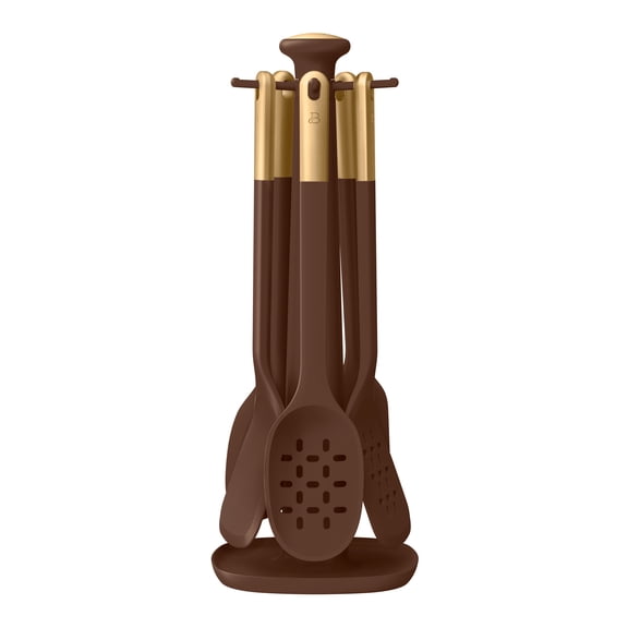 Beautiful 6-Piece Silicone Kitchen Utensil Tool Set with Rotating Rack, Chocolate by Drew Barrymore