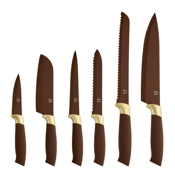Beautiful by Drew Barrymore 6-Piece Soft Grip Knife Set, Chocolate Brown with Gold Accent