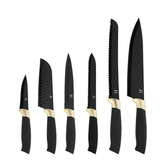 Beautiful 6 Piece Stainless Steel Knife Set Black Sesame with Gold Accent By Drew Barrymore