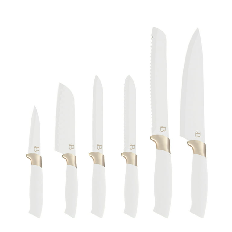 Chrome Club Stainless Steel White and Gold Knife Set with Block - 7 Piece Gold Kitchen Knife Set with Durable Clear Knife Block and Sharpener 