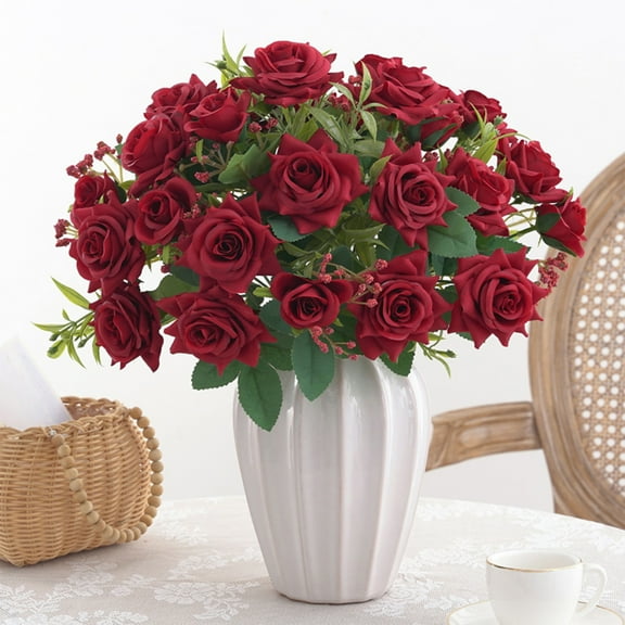 Beautiful 7 Head Crimped Roses Bouquet, Soft Cloth Artificial Flowers in Red Pink White Wine, for Wedding Corsage Home Photo Decoration and Party Display
