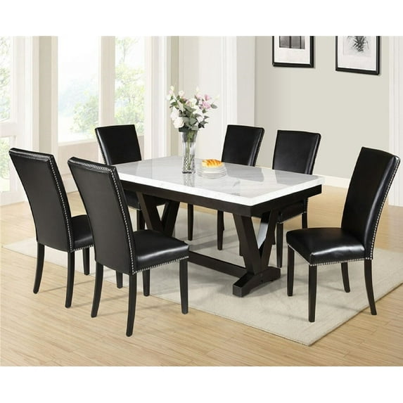 Beautiful 7pc Dining Set White Faux Marble Table Top Black PU Fabric Chairs Home Furniture