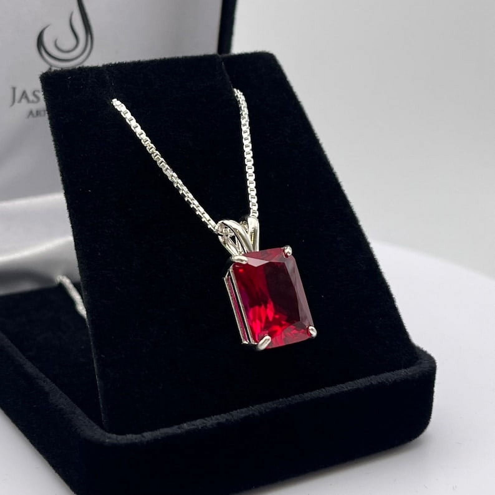 GEMEMPORIUM Beautiful 8ct Emerald Cut Ruby Sterling Silver Pendant Necklace Solitaire Jewelry Trends and Trending Gemstones Gift Mom Wife Ruby Necklace