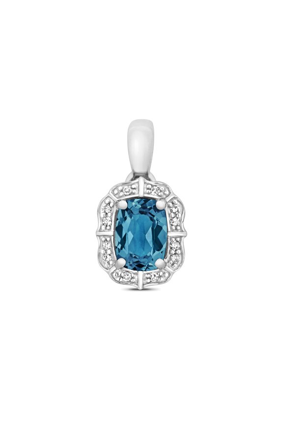 Beautiful 9k White Gold Women Diamond Pendant Brilliant Cut 0.06 Carat with London BlueTopaz - 16mm*9mm