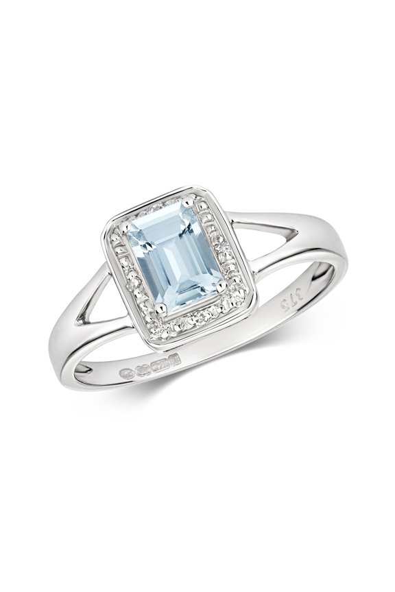 Beautiful 9k White Gold Women Diamond Solitaire Ring Brilliant Cut H - PK with Aquamarine