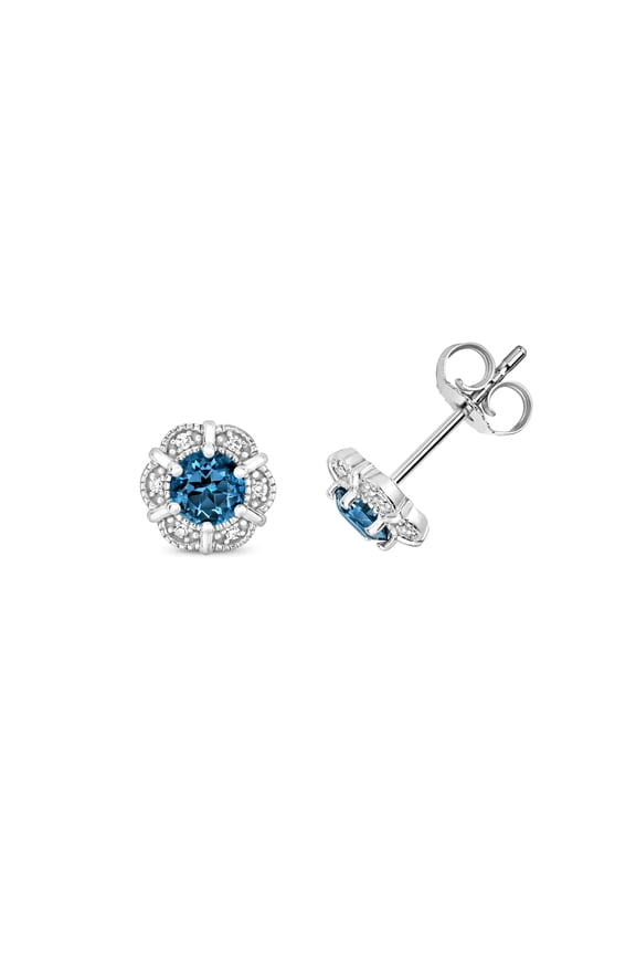 Beautiful 9k White Gold Women Diamond Stud Earrings Brilliant Cut HI - I1 with London BlueTopaz - 7mm*7mm