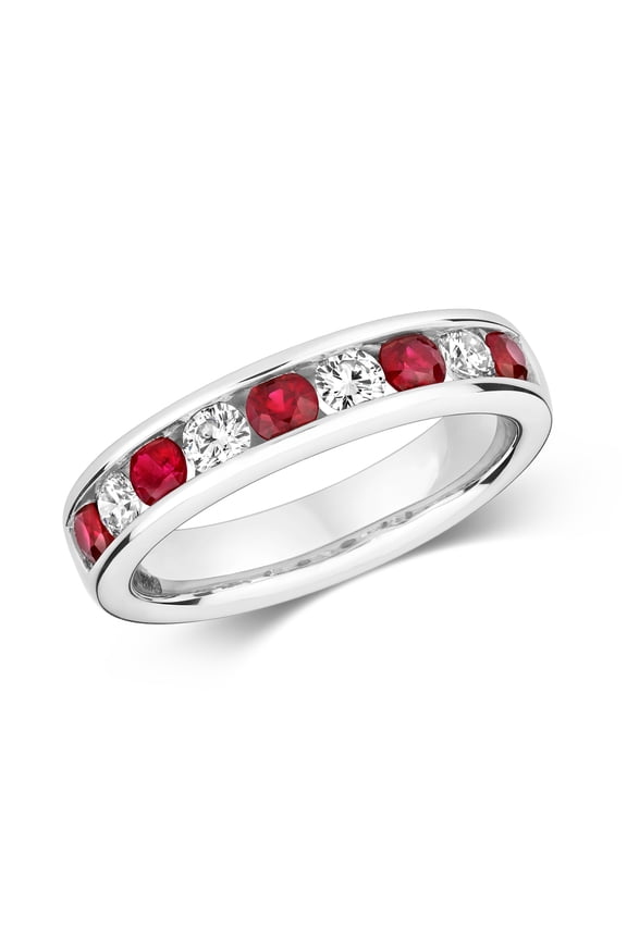Beautiful 9k White Gold Women Half Eternity Diamond Ring Brilliant Cut 0.37 Carat HI - I1 with Ruby