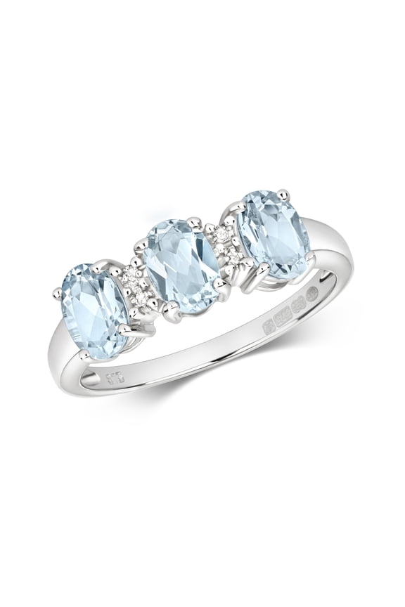 Beautiful 9k White Gold Women Trilogy Diamond Ring Brilliant Cut H - PK with Aquamarine