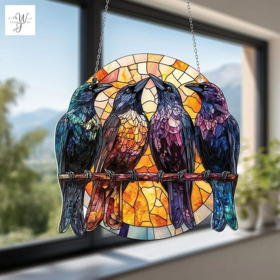 Beautiful Acrylic Window Hanging with Four Birds on a Branch, Vibrant Colors, Nature-Inspired Home Decor, Perfect for Brightening Windows
