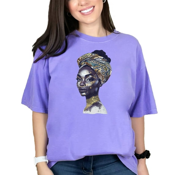 Beautiful African Woman Art T-Shirt, Afrocentric Fashion Tee, Vibrant Artwork Shirt, Ethnic Style Apparel, Unique Artistic Gift Idea, Violet Comfort Colors T-Shirt, Large