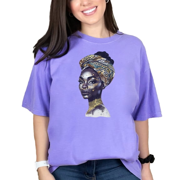 Beautiful African Woman Art T-Shirt, Afrocentric Fashion Tee, Vibrant Artwork Shirt, Ethnic Style Apparel, Unique Artistic Gift Idea, Violet Comfort Colors T-Shirt, Large