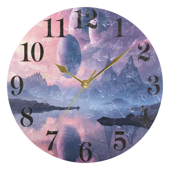 Beautiful Alien Landscape Round Wall Clock Battery Operated Silent Non-Ticking Bedroom Office Kitchen Home School Decor 10"(Gold)