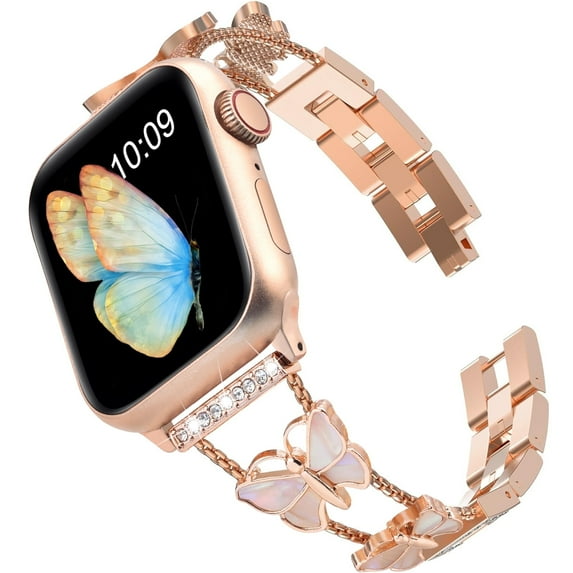 Worryfree Gadgets Adjustable Replacement Watch Band for Women, Alloy Metal Bling Butterfly Design, 1 Count, Rose Gold