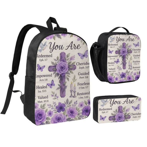 Beautiful And Elegant Cross Print Backpack 17 Inch Set with Lunch Bag and CaseDurableTravel Bag Combo for Work Commuting Daily Use