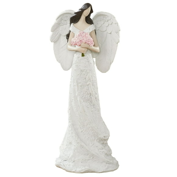 Beautiful Angel with Roses Figurine, 15 Inches , White