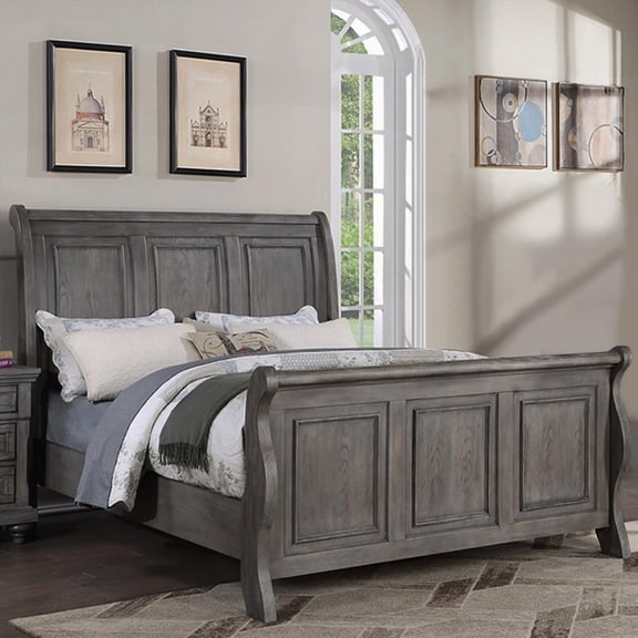 Beautiful Antique Gray Oak Finish Grey Sleigh Design 1pc California King Size Panel Bed for Bedroom