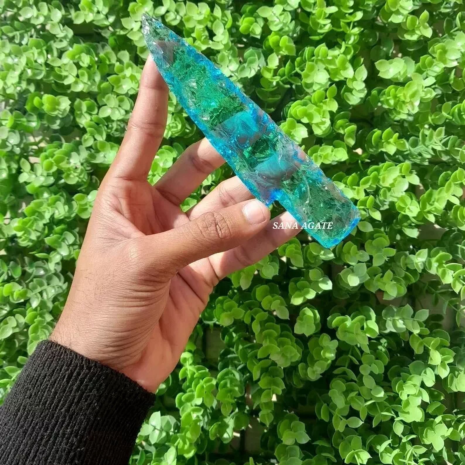 Aqua Obsidian Glass Hunting Knife Décor – Crystal Athame Display Dagger Ornament