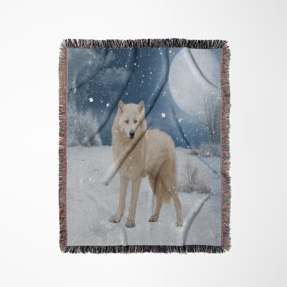 Beautiful Arctic Wolf In A Winter Landscape, Woven Blanket