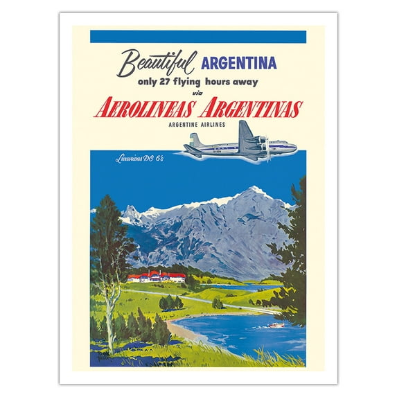 Beautiful Argentina - Aerolineas Argentinas (Argentina Airlines) - Luxurious Douglas DC - Vintage Airline Travel Poster by Adolph Treidler c.1955 - Fine Art Matte Paper Print (Unframed) 24x32in