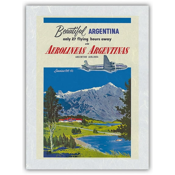 Beautiful Argentina-Aerolineas Argentinas (Argentina Airlines)-Luxurious Douglas DC-Vintage Airline Travel Poster by Adolph Treidler c.1955-Japanese Unryu Rice Paper Art Print (Unframed) 12 x 16 in