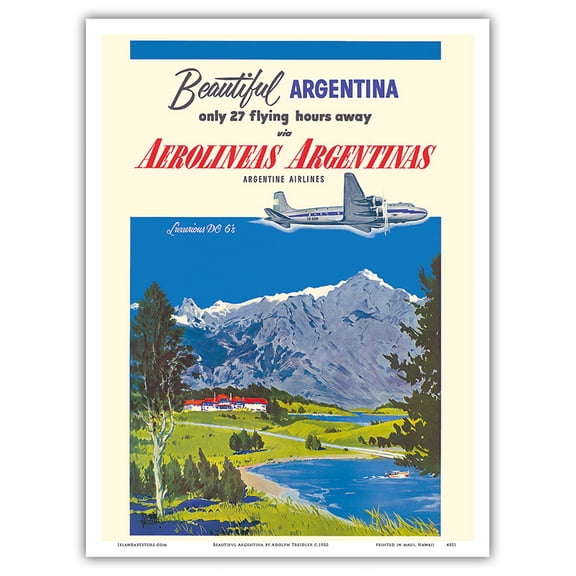 Beautiful Argentina - Aerolineas Argentinas (Argentina Airlines) - Luxurious Douglas DC - Vintage Airline Travel Poster by Adolph Treidler c.1955 - Master Art Print (Unframed) 9in x 12in