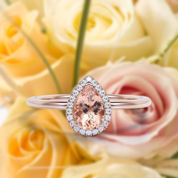 Beautiful Art Deco 1.25 Carat Pear Cut Affordable Morganite And Diamond Moissanite Engagement Ring, Classic Wedding Ring in 10k Solid Rose Gold,Promise Ring, Anniversery Ring