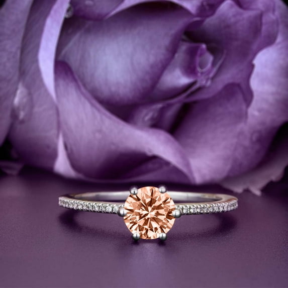 Beautiful Art Deco 1.25 Carat Round Cut Morganite And Diamond Moissanite Engagement Ring, Wedding Ring in 10k Solid White Gold, Gift For Her Gift For Girlfriend Promise Ring