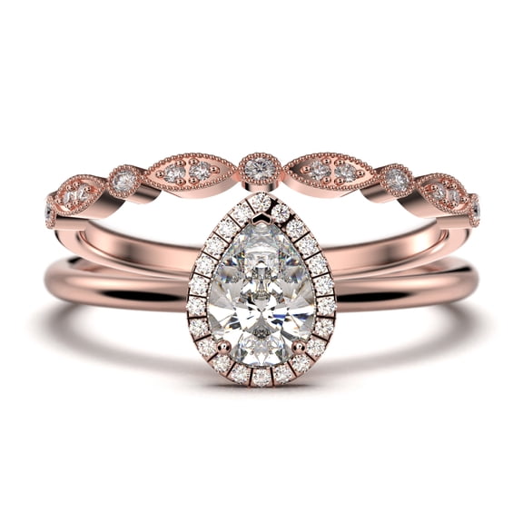 Beautiful Art Deco 1.75 Carat Pear Cut Affordable Diamond Moissanite Engagement Ring, Classic Wedding Ring, One Matching Band in 925 Sterling Silver With 18k Rose Gold Plating