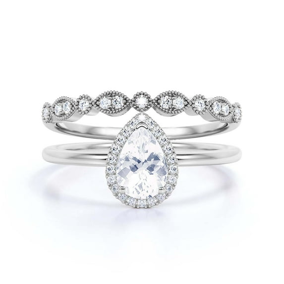 Beautiful Art Deco 1.75 Carat Pear Cut Affordable Diamond Moissanite Engagement Ring, Classic Wedding Ring, One Matching Band in 925 Sterling Silver With 18k White Gold Plating,Promise Ring