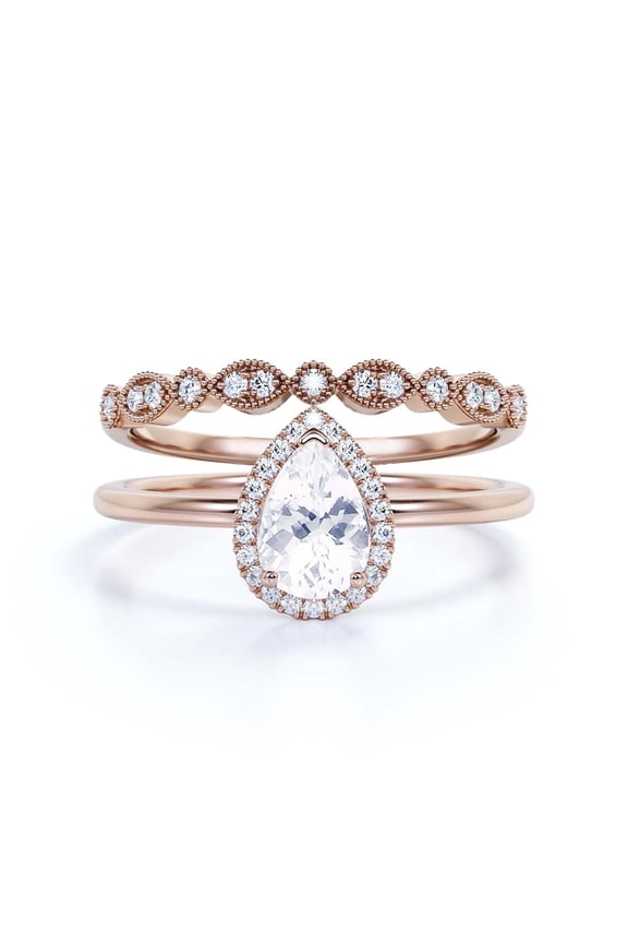 Art Deco 1.75 Carat Pear Cut Moissanite & Diamond Bridal Set in 925 Sterling Silver with 18k Rose Gold Plating