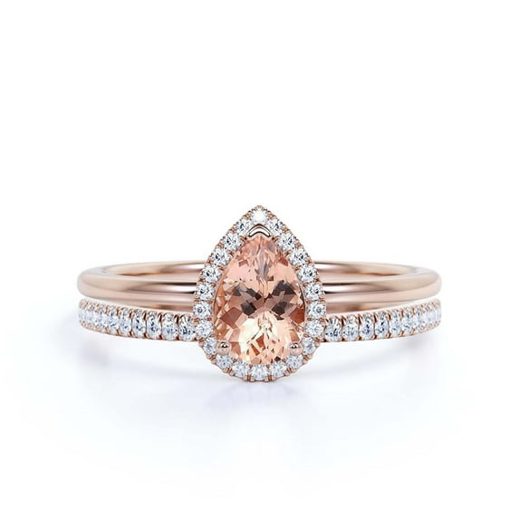 Beautiful Art Deco 1.75 Carat Pear Cut Affordable Morganite And Diamond Moissanite Engagement Ring, Classic Wedding Ring, One Matching Band in 10k Solid Rose Gold,Promise Ring, Anniversery Ring