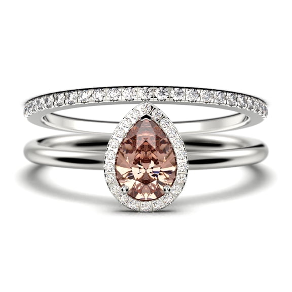 Beautiful Art Deco 1.75 Carat Pear Cut Affordable Morganite And Diamond Moissanite Engagement Ring, Classic Wedding Ring, One Matching Band in 925 Sterling Silver With 18k White Gold Plating