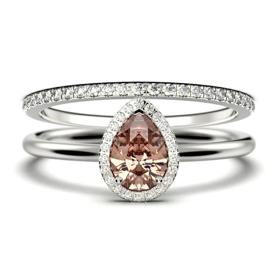 Beautiful Art Deco 1.75 Carat Pear Cut Affordable Morganite And Diamond Moissanite Engagement Ring, Classic Wedding Ring, One Matching Band in 925 Sterling Silver With 18k White Gold Plating